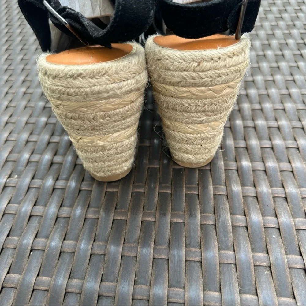 New GAP Black Suede Leather Espadrille Raffia Wedge Sandals, Size 11, Open Toe
